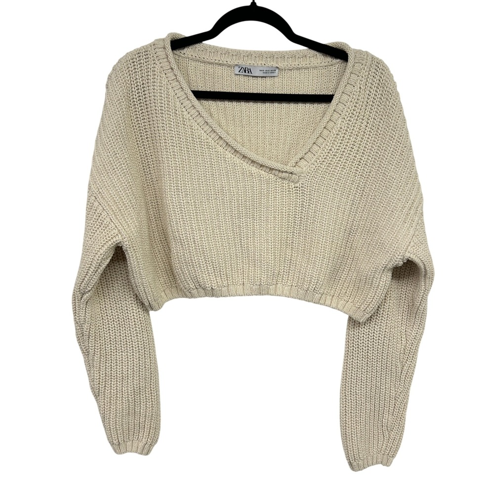 Zara Cropped Chunky Knit‎ Sweater S Cream Cotton Blend Coastal Old Money Preppy